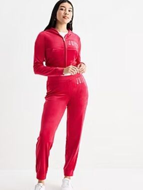Juicy Couture Red Velour Rhinestone Logo Zip Hoodie